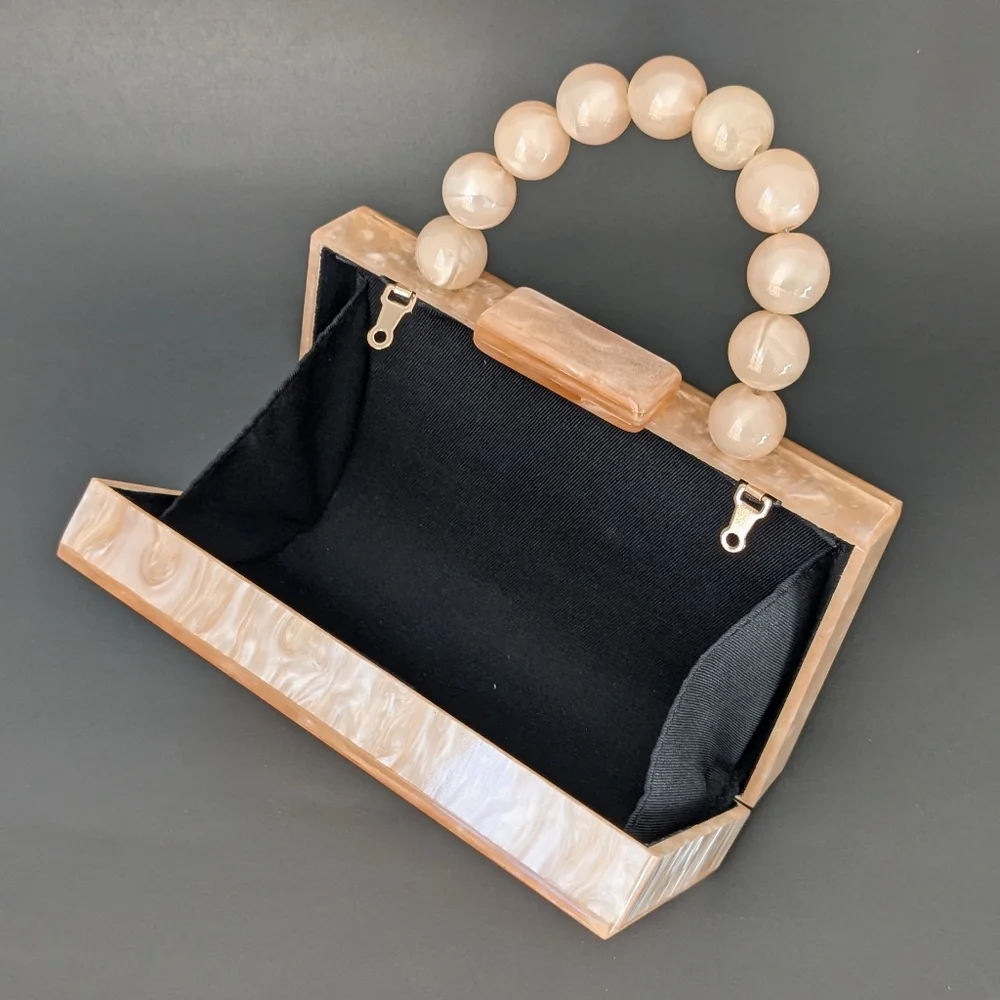 Orange Mother of Pearl Acrylic Box Clutch Purse Chunky Beaded Handle